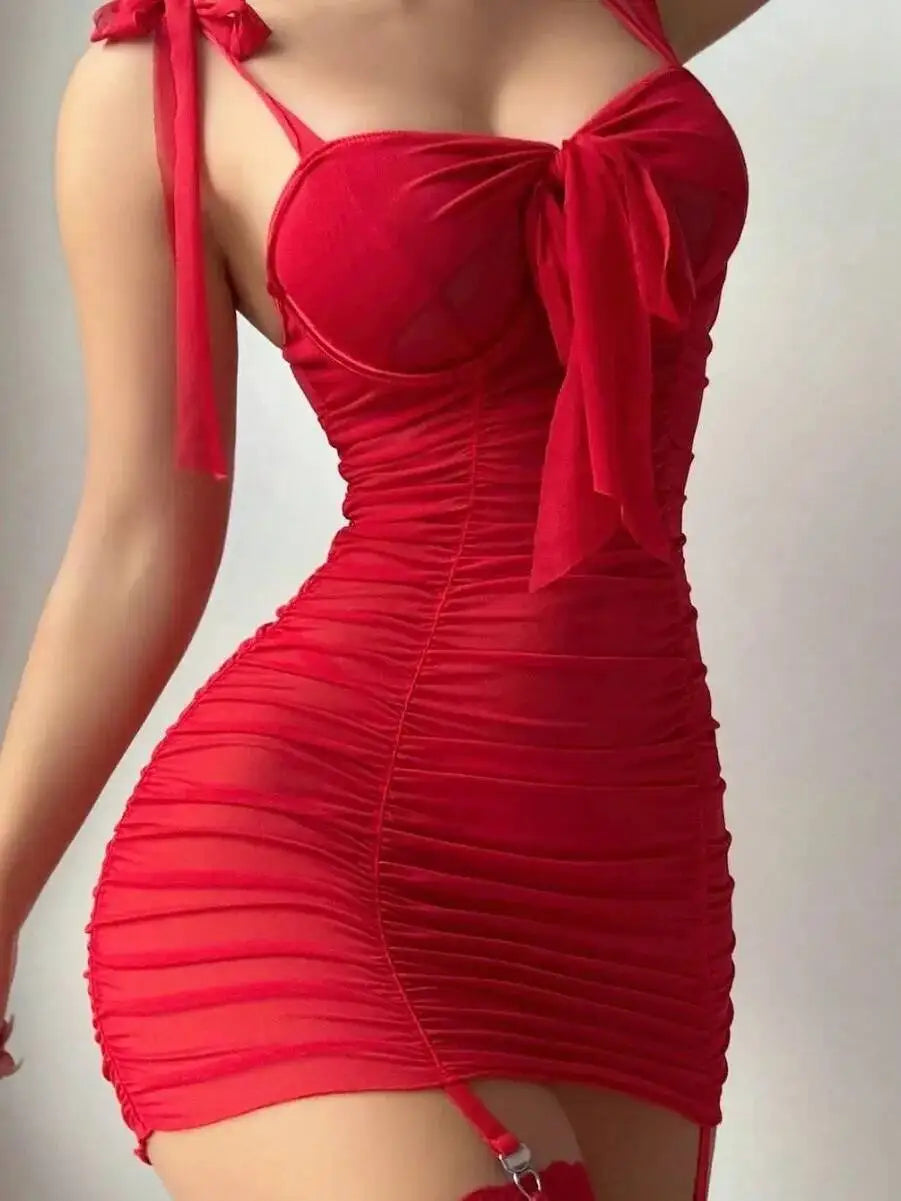 Sexy Bowknot Solid Color Dress Women's Thigh Black Silk Wrap Hip For Women Backless Deep V Suspenders Sleeveless Mini Dress BAUF