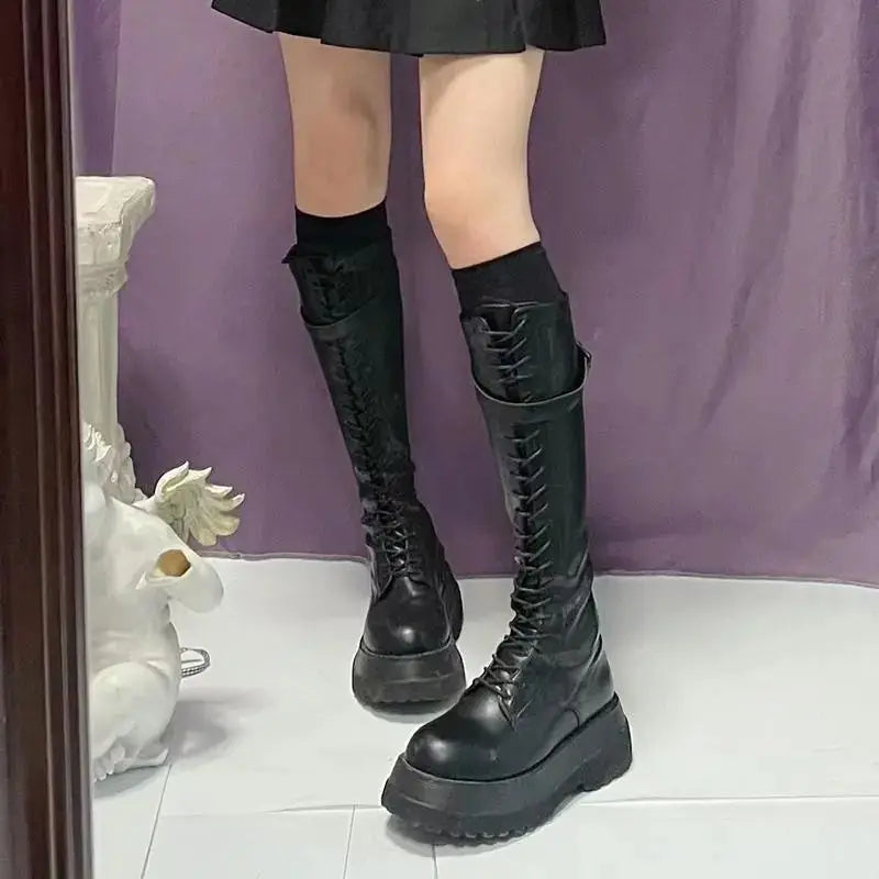 Lace-Up Knee-High Platform Boots – Belt Buckle