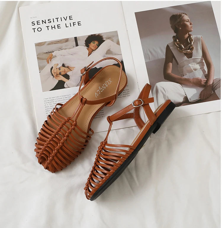 Band Flat Sandals Women Summer Round Toe Ankle Buckle Hollow Roman Sandal Plus Size Beach Shoe