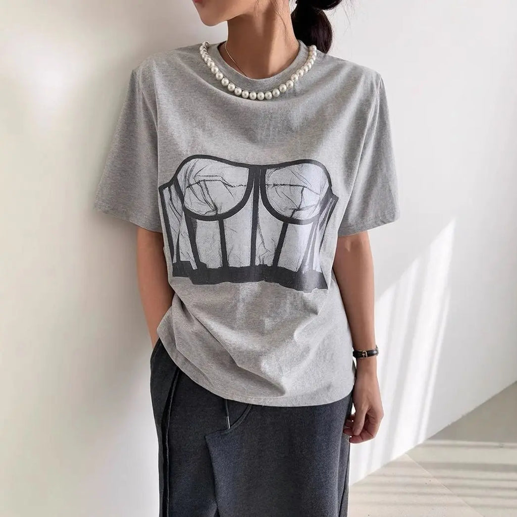 European And American Summer Loose Casual T-shirt Printed Bra Design Sexy women's Short Sleeved Shirt