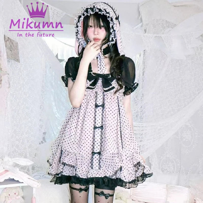Mikumn Gothic Girls Vintage Pink Polka Dot Dress Harajuku Japanese Y2k Black Bow Kawaii Women Sleeveless Strap Mini Dresses