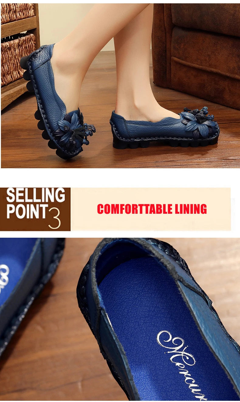 WOIZGIC Women Female Mother Ladies Genuine Leather Shoes Flats Loafers Non Slip On Flowers Retro Moccasins Plus Size 41 42