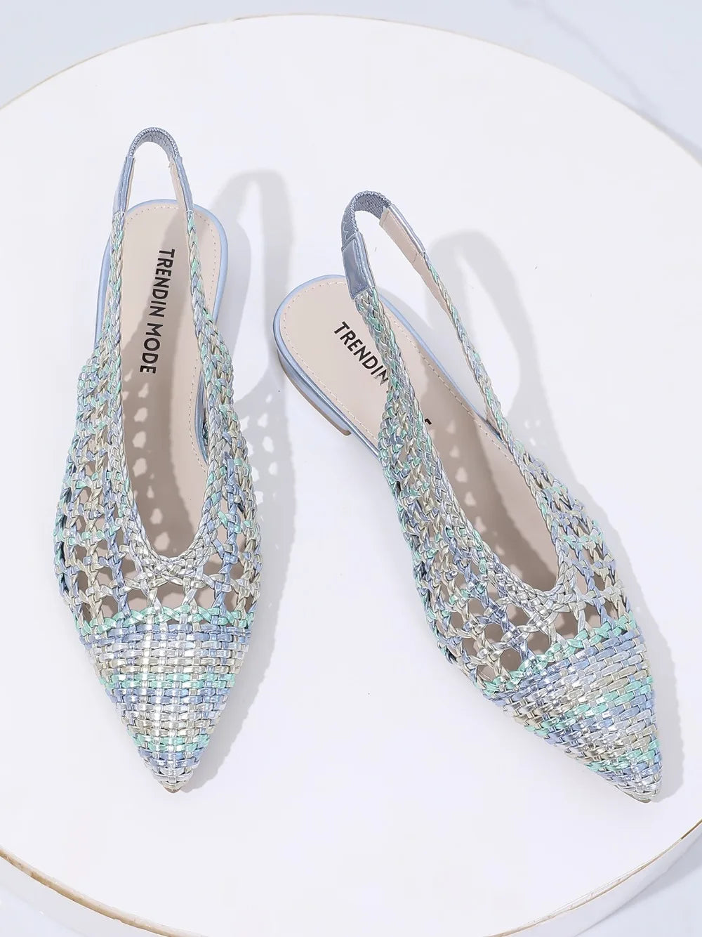 Trendy Mode Women's Braided Pointed Toe Slingback Fashion Flat Bottom Elastic Backstrap Sandals (runs one size small)