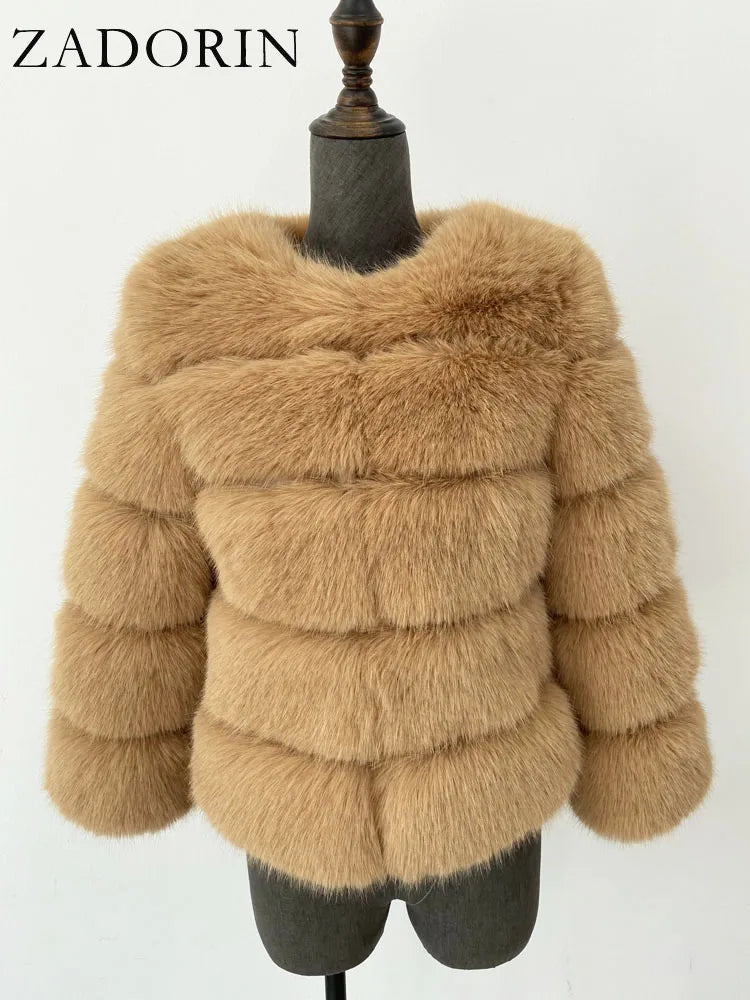 Women's Faux-Fur Jacket - Three-Quarter Sleeves - Plush Poise