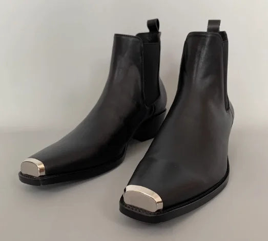 Men's Genuine Leather Chelsea Boots - Metal Square Toe Slip-On Motorcycle Ankle Boots