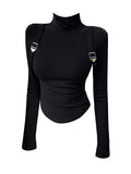 2000S Vintage Fleece Turtleneck Long Sleeve T-shirt Women With Suspender Y2k Basic Tops Autumn Winter Fashion Cropped Tees Shirt