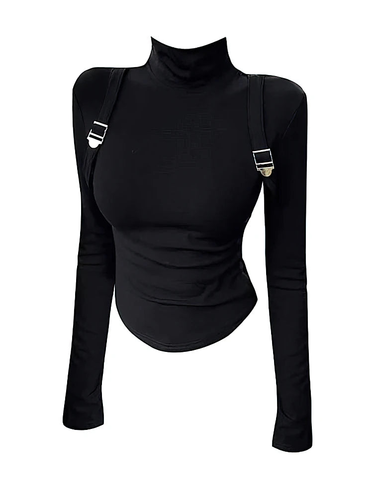 2000S Vintage Fleece Turtleneck Long Sleeve T-shirt Women With Suspender Y2k Basic Tops Autumn Winter Fashion Cropped Tees Shirt