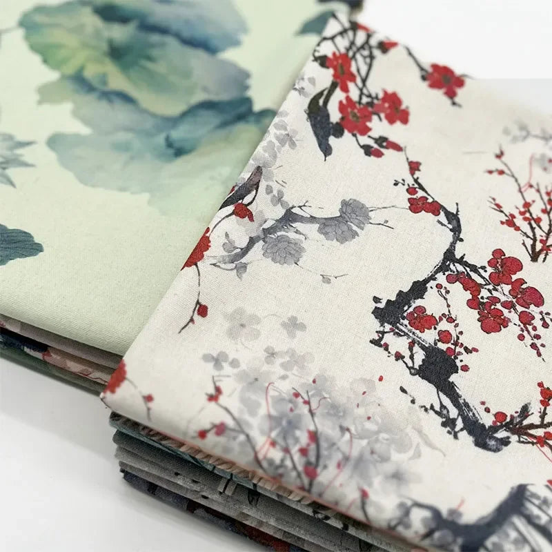 0.5m/1m/2m Encrypted Cotton Linen Retro Chinese Ink Style Fabric for Decorative Cloth, Tablecloths, Curtains, Handmade DIY Fabric