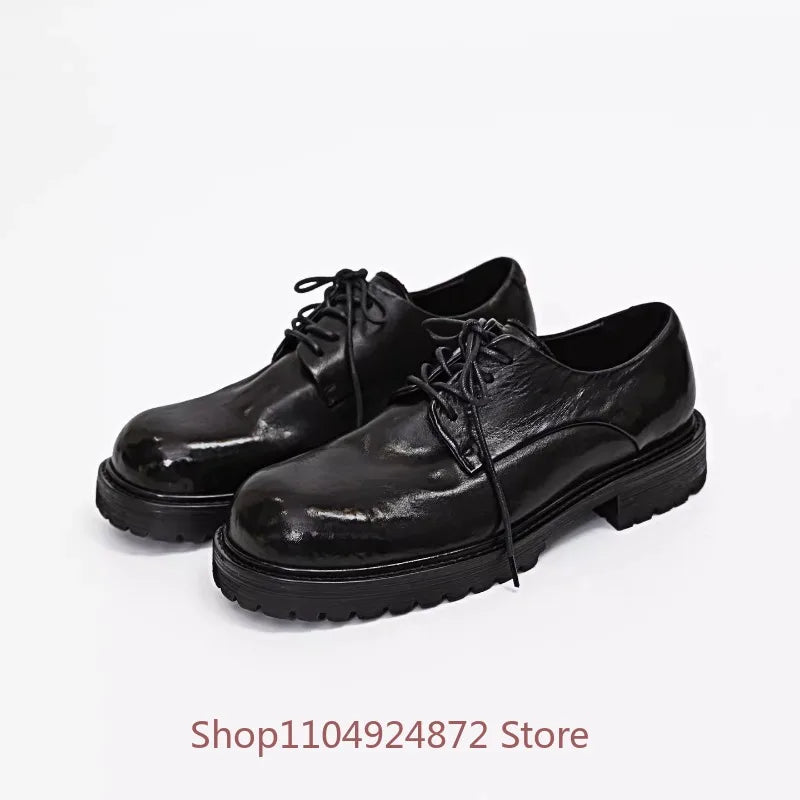 WASHED EDGE - Retro Square Toe Cowhide Derby Shoes - Thick Sole, Timeless Character