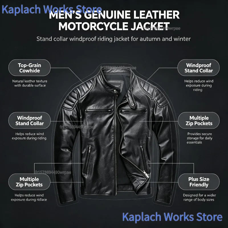 IRON HIDE - Men's 100% Genuine Cowhide Motorcycle Jacket - Stand Collar Biker Leather Coat Plus Size