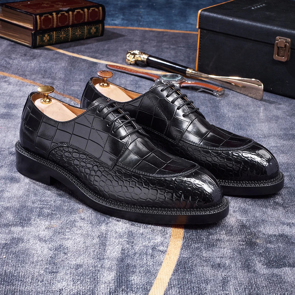 CROCODILE OXFORD DRESS SHOES - Men's Genuine Cowhide Height-Increasing Lace-Up - Elegant Wedding & Office
