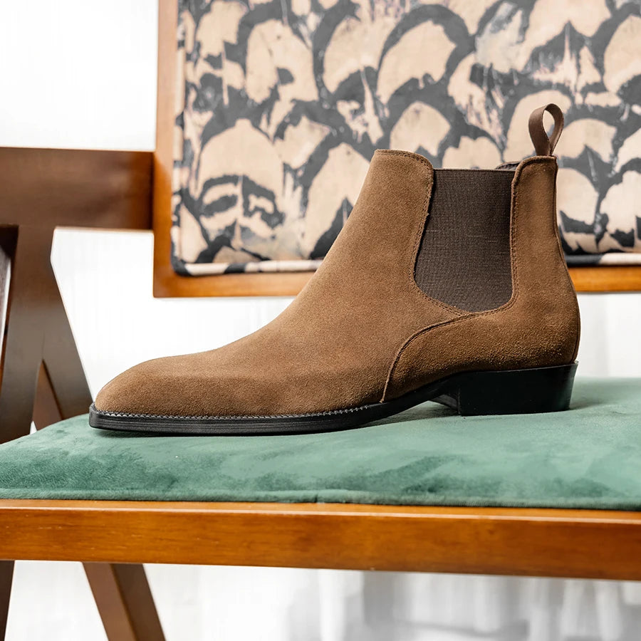 Men's Cow Suede Chelsea Boots - Square Toe Slip-On British Style Ankle Boots