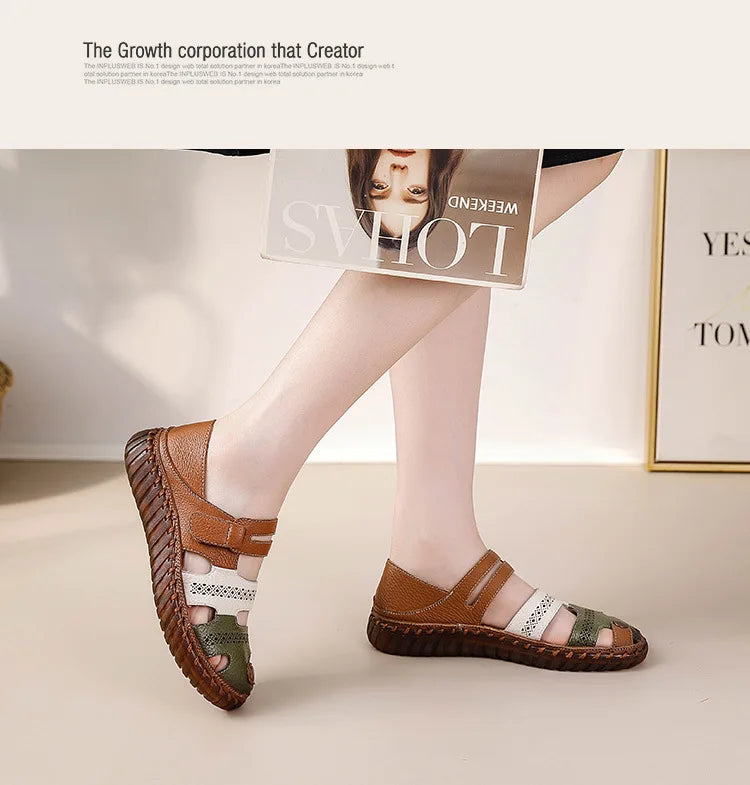 New patches gladiator sandals women's handmade bohemian shoes big size 43 woman real leather sandal ladies patchwork strap flats