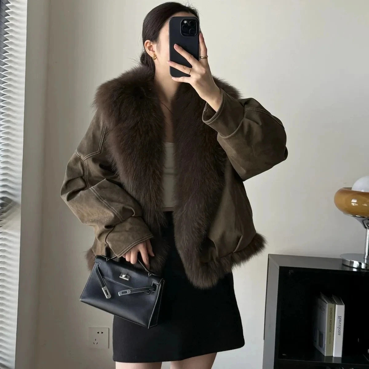 Faux Fox Fur Collar Jacket – Short Slim Winter Coat