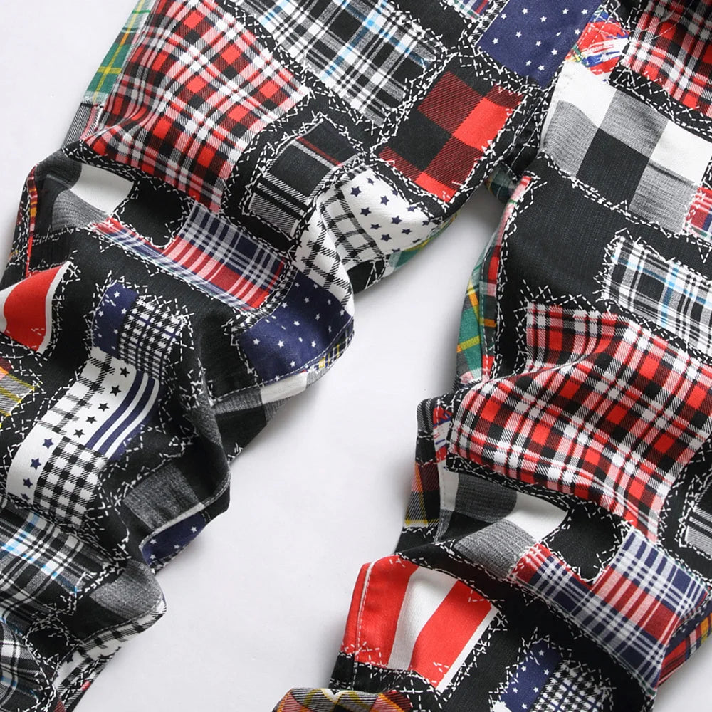 PATCH GRID - Men's Plaid Digital Print Patchwork Jeans - Slim Straight Stretch Denim