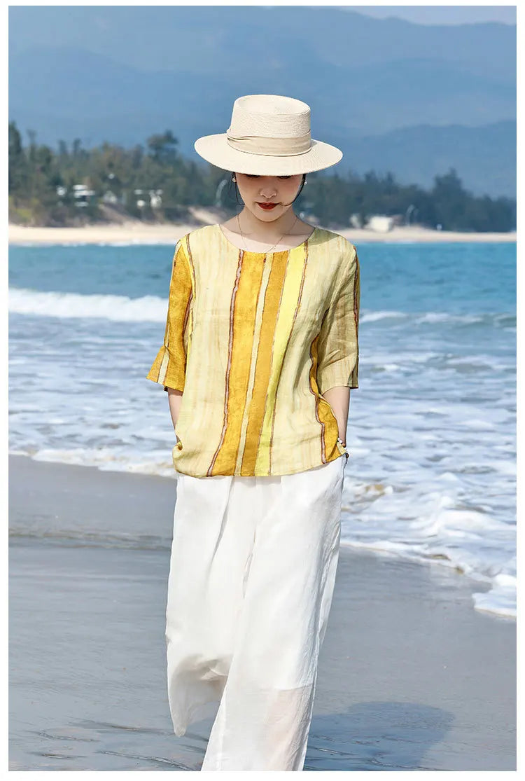 100% Linen Women Casual T-shirts New Arrival 2026 Summer O-neck Striped Loose Comfortable Female Half Sleeve Tops Tees M2571