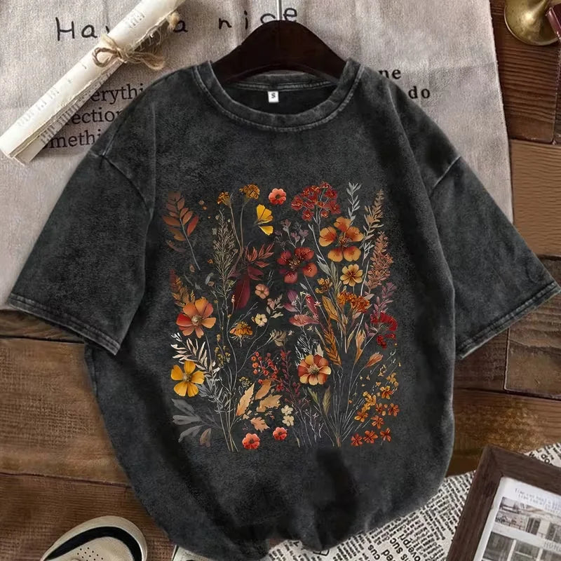 Vintage Washed T-shirt with Fern Leaf & Botanical Print - Soft Relaxed Fit Short Sleeve Round Neck Casual Top,Fern Leaf Shirt