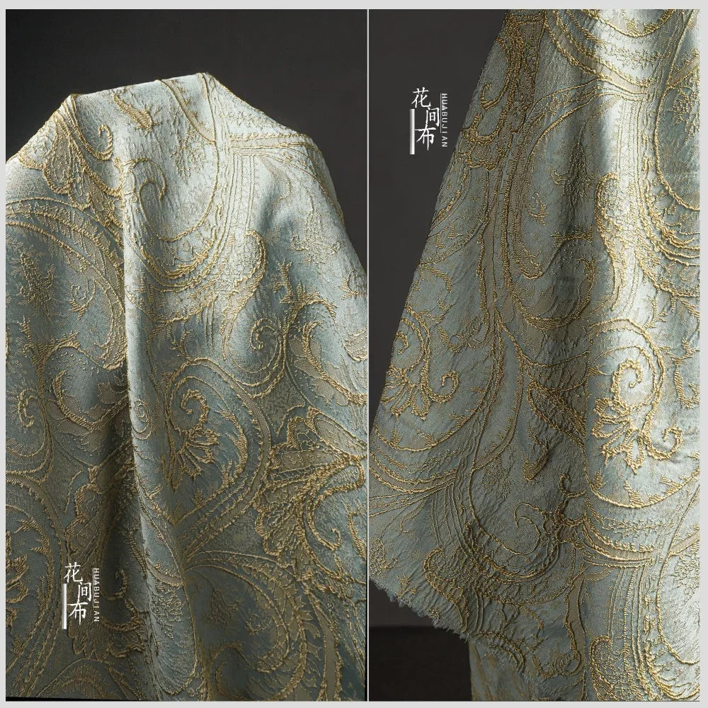 Blue Gold Jacquard Fabric – Silk Relief, 150cm Wide
