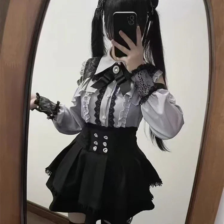 Japanese Gothic Lolita Dress Set Women Harajuku Y2k Bow Lace Ruffles Collar Mini Dresses Female Elegant Party Cute Dress