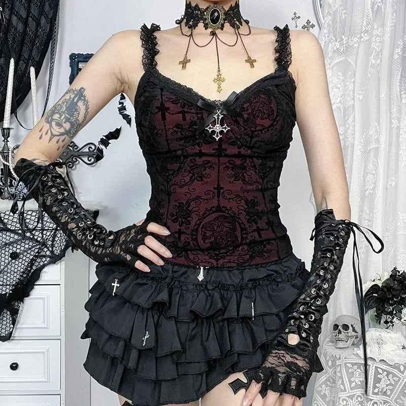 Unholy Lace Halter - Black Goth Corset Top With Cross And Red Velvet