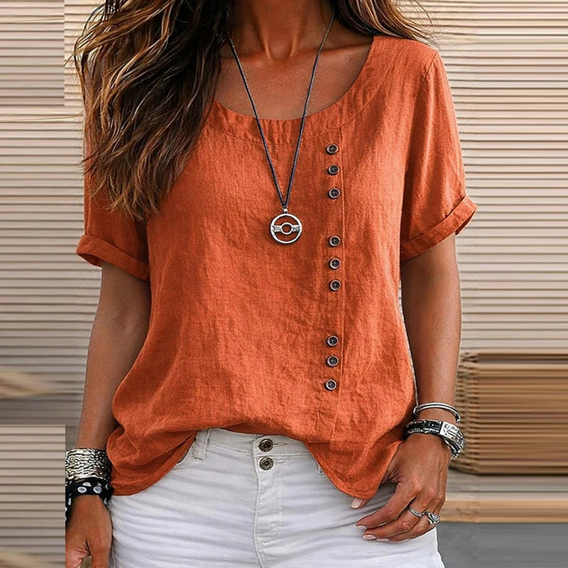 Vintage Short Sleeve Women T-Shirts O Neck Button Design Loose Tee Female Casual Harajuku Tops Summer Solid Color Oversize Tee