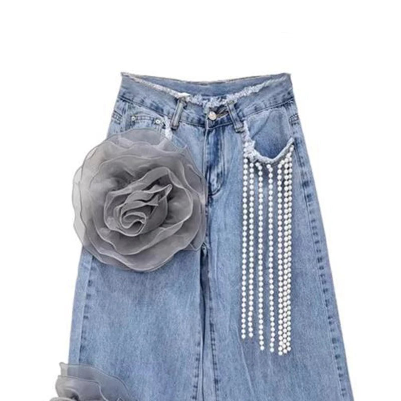 3D Floral High Waist Wide Leg Jeans