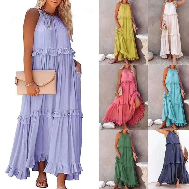 Women Casual Ruffles Long Dress 2026 Summer Elegant Sleeveless Sundress Elegant Harajuku Maxi Dress Beach Party Evening Vestido