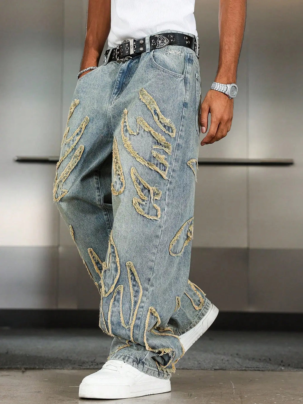 Men's Patchwork Frayed Denim Jeans - Wide Leg Streetwear - Embroidered High Street