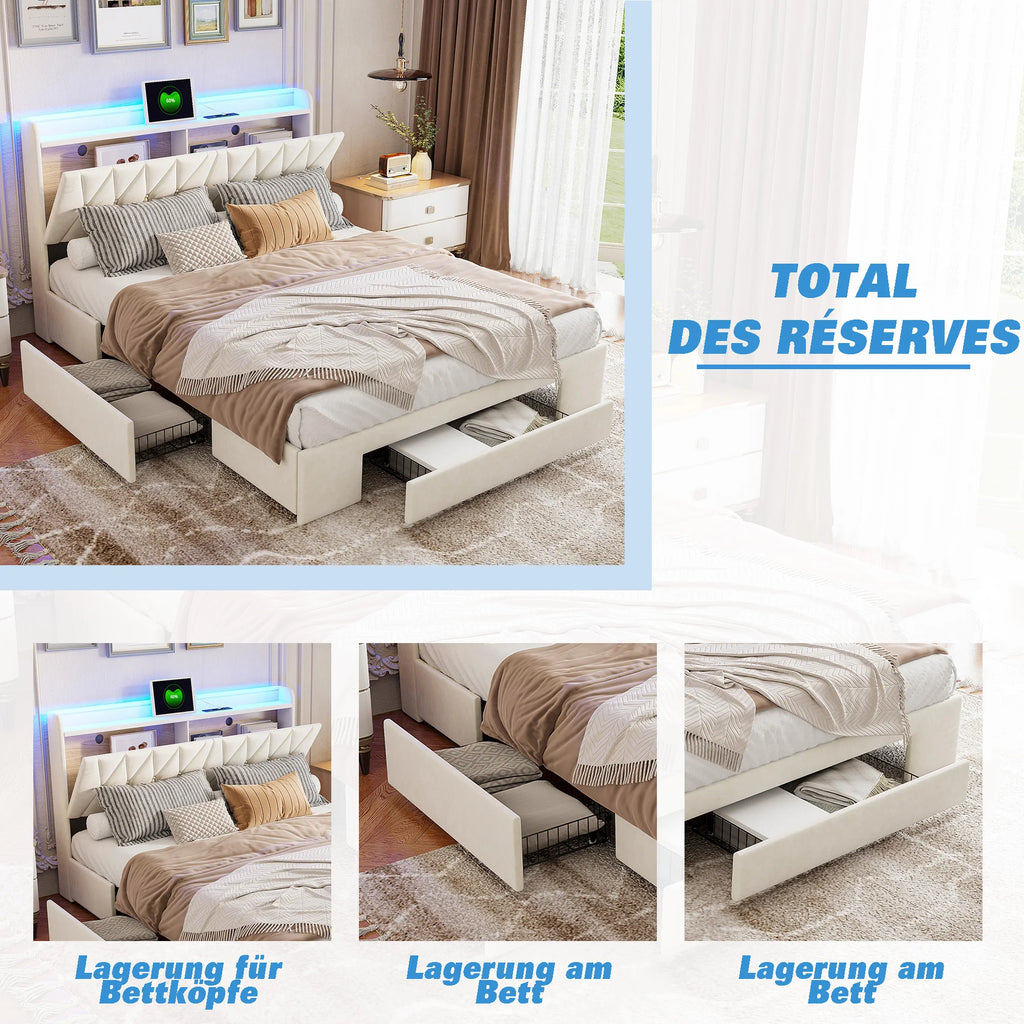 VELVET HAVEN - Upholstered Storage Bed - LED, USB Charging, 3 Drawers