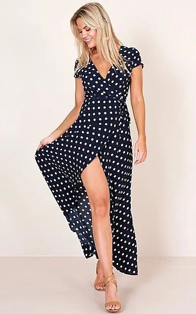 1pc Colorful Polka Dot Printed Maxi Dresses Women Summer V-Neck Short Sleeved Slit Long Dress Robe