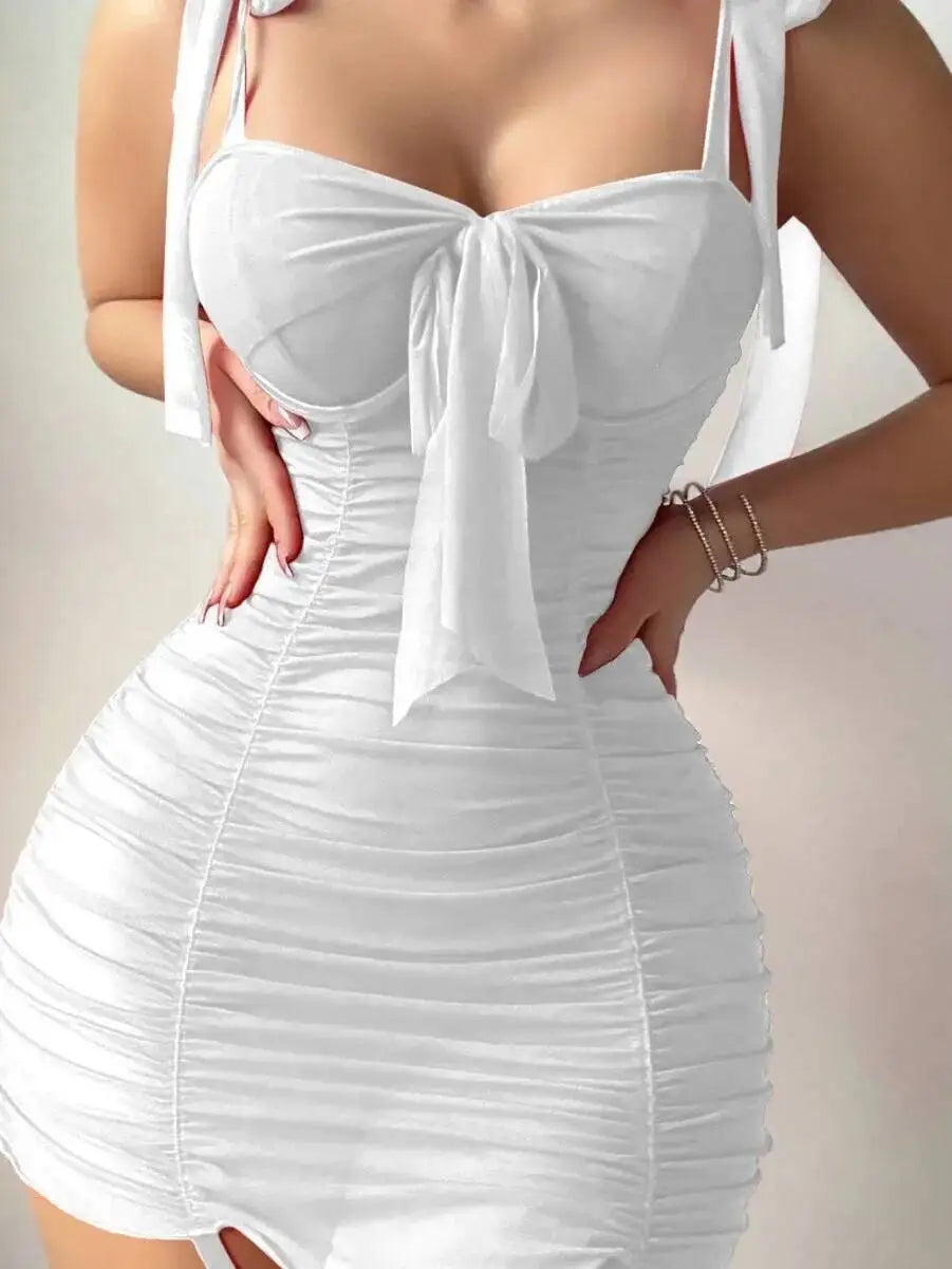 Sexy Bowknot Solid Color Dress Women's Thigh Black Silk Wrap Hip For Women Backless Deep V Suspenders Sleeveless Mini Dress BAUF