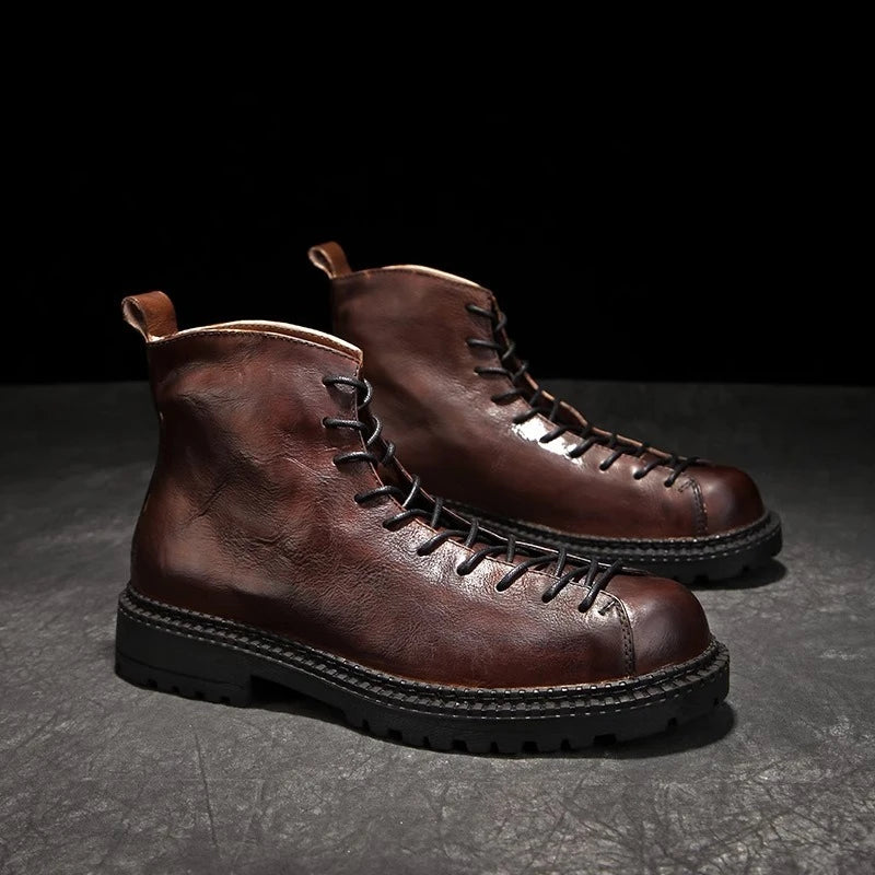 Men's Handmade Genuine Leather Motorcycle Boots - British Vintage High Top Lace-Up Winter