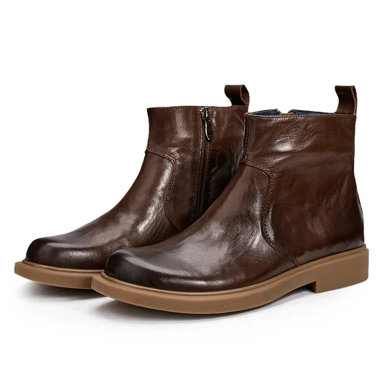 Men's Handmade Genuine Leather Chelsea Boots - Waterproof Side Zip Round Toe British Style