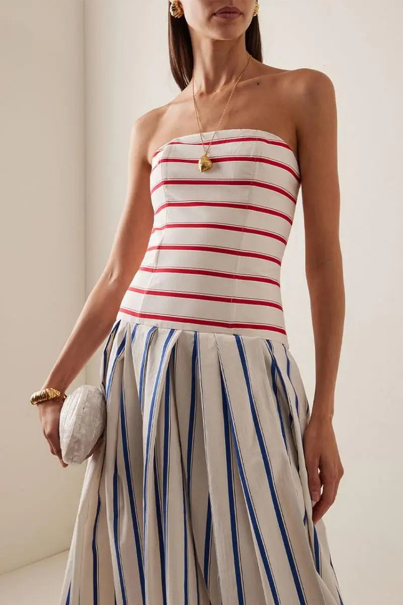 Women Bandeau Dresses Flaxmaker Sexy Off The Shoulder Sexy Striped Print Sling Maxi Dress Beach Sundress 2025