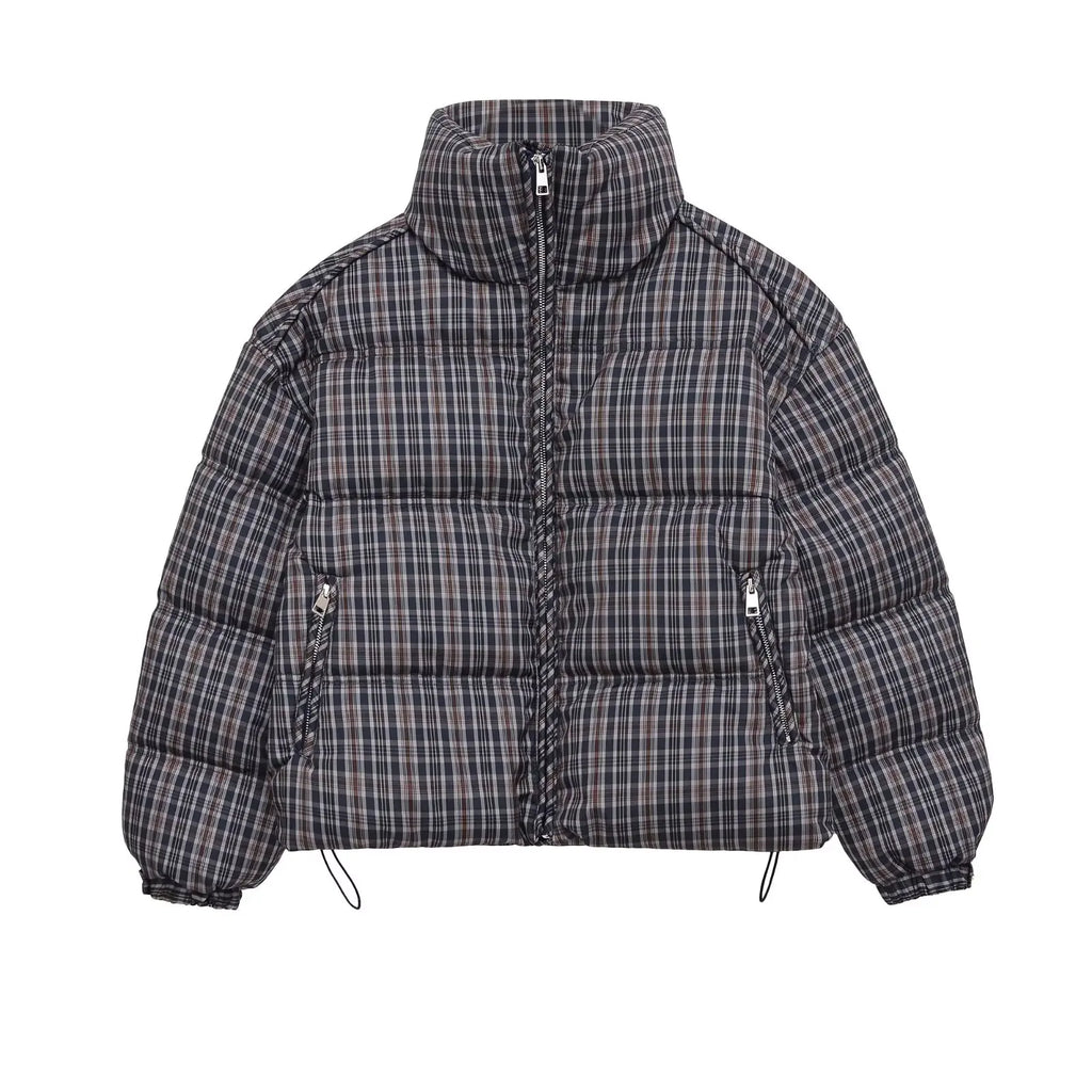 Plaid Puffer Jacket – Stand Collar Padded Coat