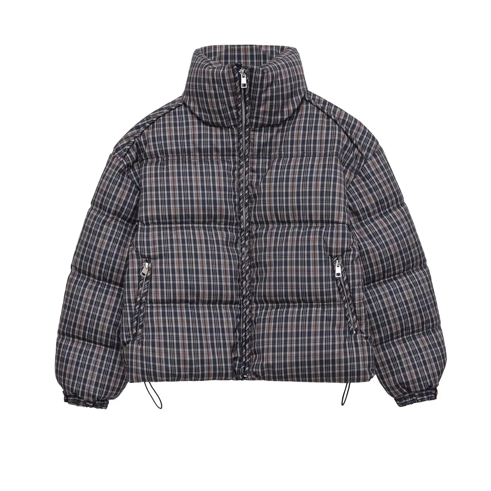 Plaid Puffer Jacket – Stand Collar Padded Coat