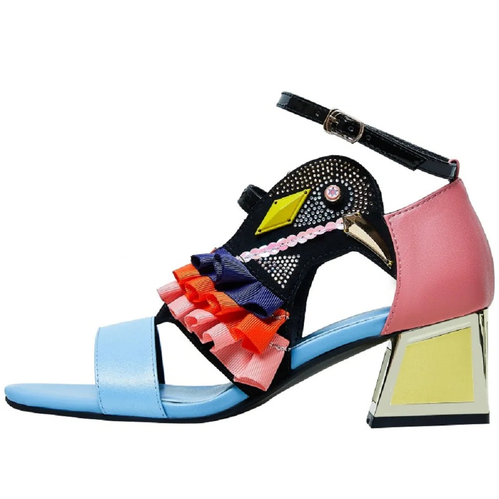 【JOCHEBED HU】New Designer High Heel Shoe Summer Sandals Ruffle Bird Decor Party Rhinestone Chunky Heel Novelty Sandalias 33-44