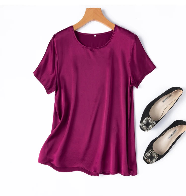 100% Mulberry Silk 19 Momme Charmeuse Silk Women Tank Top T-shirt Short Sleeve Shirt Blouse Solid Colors Summer M L XL AA4270