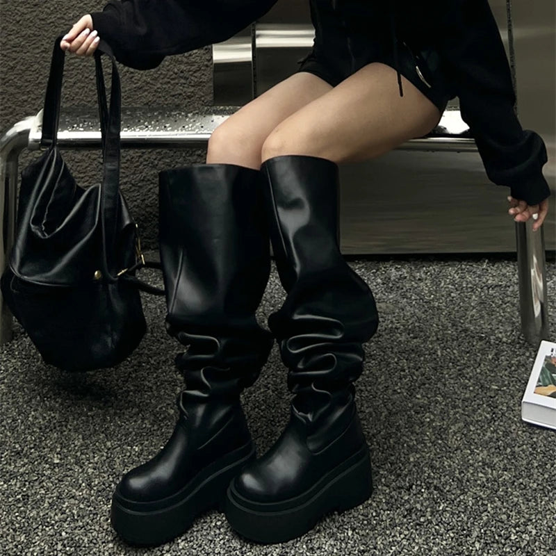 Pleated Slip-On Knee-High Boots – Square Heel