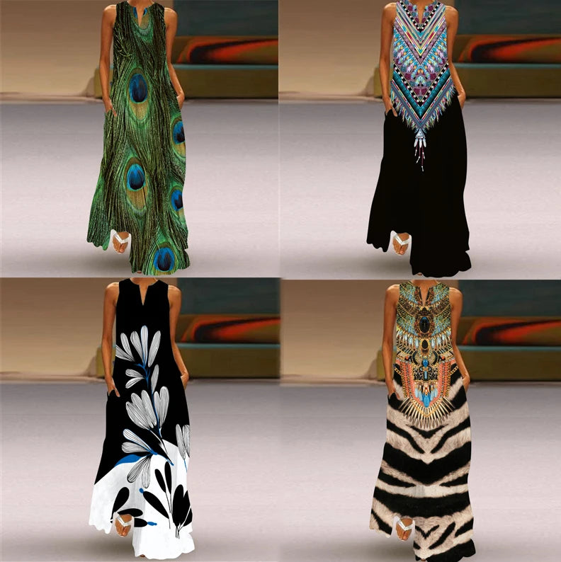 The New Sleeveless European and N Women's Dress V-neck Flower Retro Print Dress