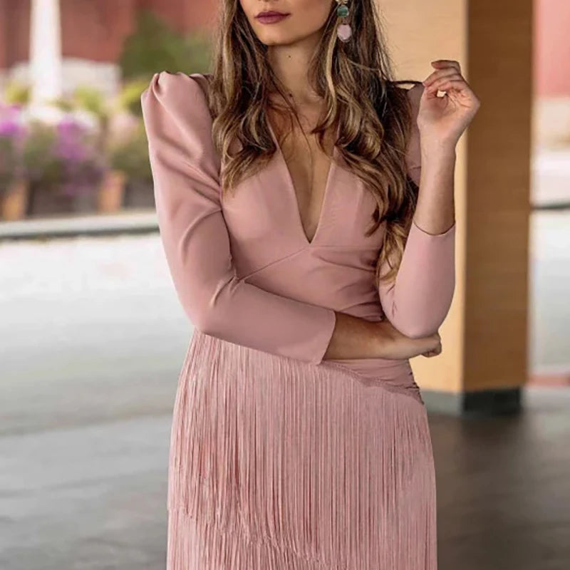 Long Sleeve Spliced Tassel Party Dresses Woman Elegant Deep V Neck Sheath Long Dress Fashion Solid Pleated Bohemian Dress