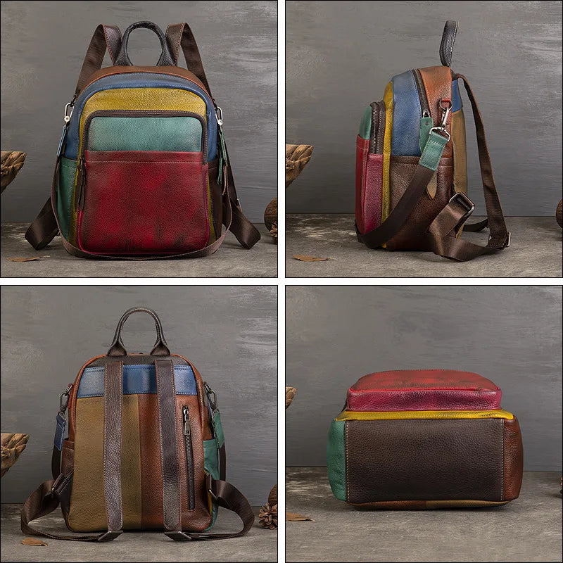 Patchwork Genuine Leather Backpack Women Cowhide Multicolor