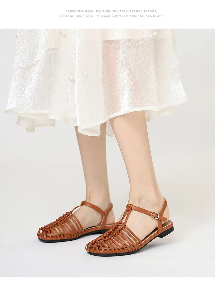 Band Flat Sandals Women Summer Round Toe Ankle Buckle Hollow Roman Sandal Plus Size Beach Shoe