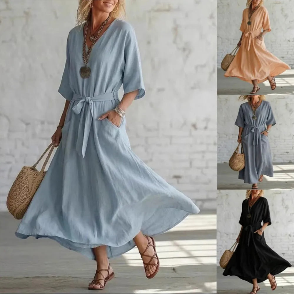 New Summer Elegant Simple Retro Cotton Linen V-neck Women's Dress Casual Mid-sleeve Solid Color Fashion Belt Wide Hem Long Skirt