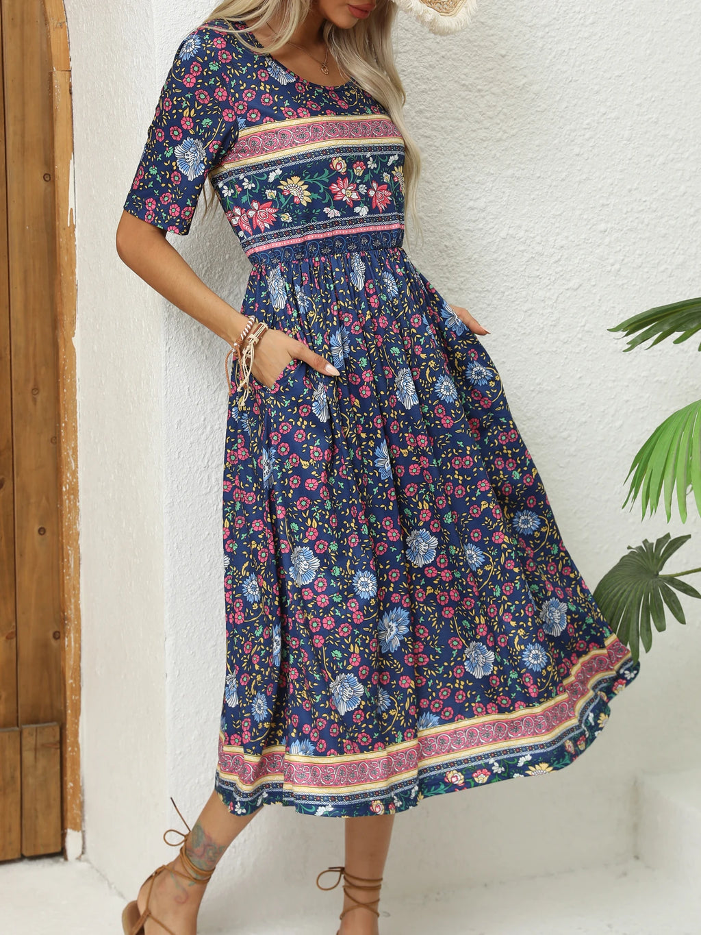 2024 Europe and America autumn ladies round neck short sleeve long skirt Bohemian print dress woman