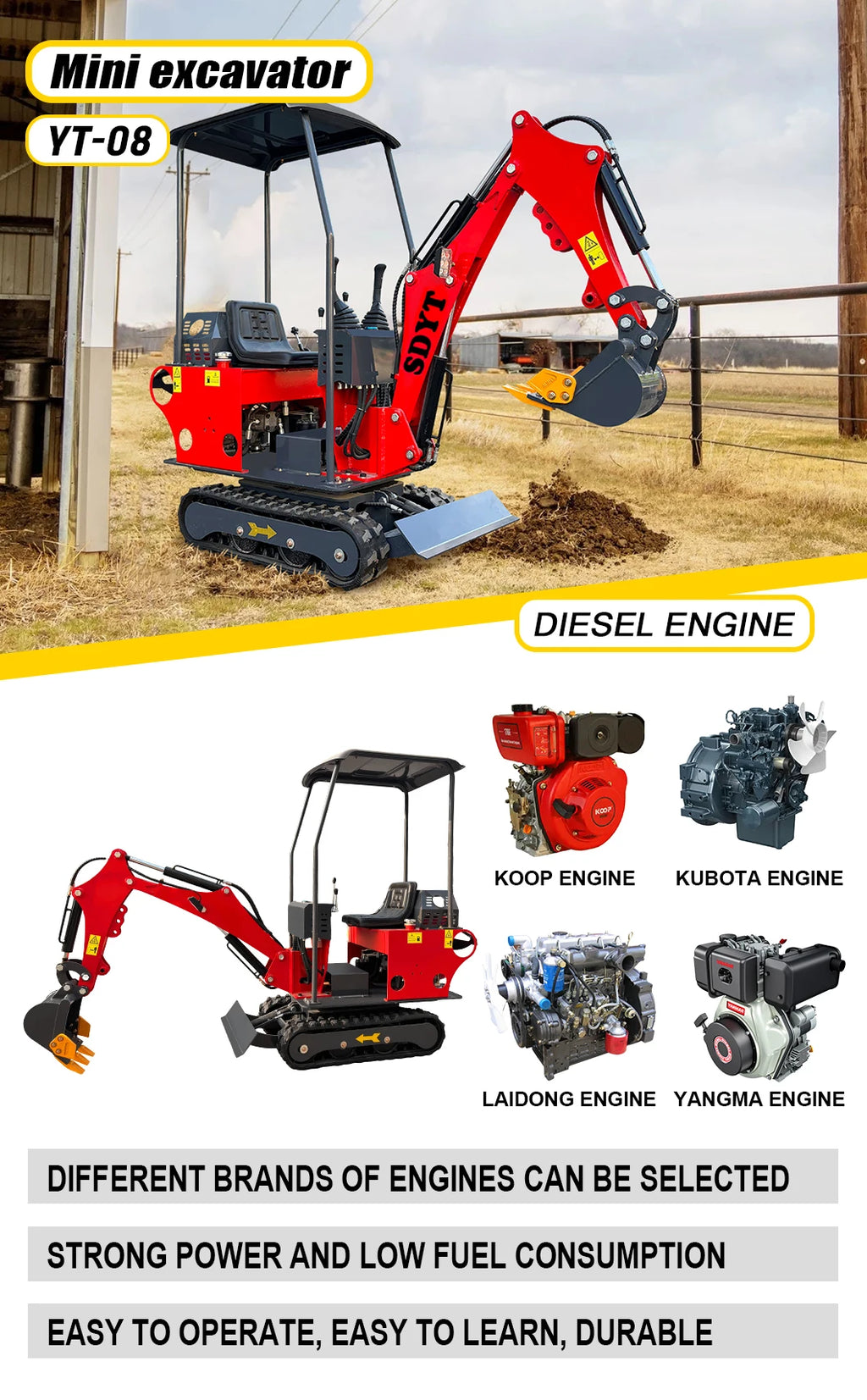 YITUI Mini Excavator - 1.2 Ton - Kubota/Briggs/KOOP