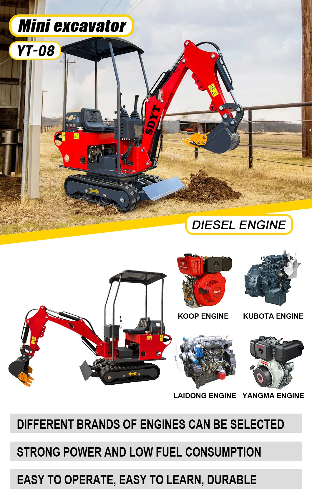YITUI Mini Excavator - 1.2 Ton - Kubota/Briggs/KOOP