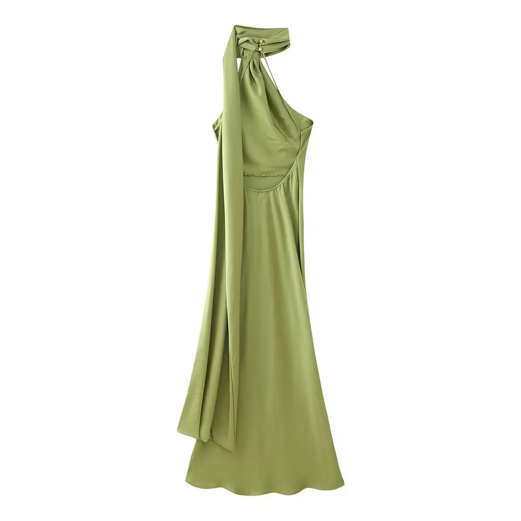 Satin Ribbon Halter Long Dresses Women's Backless Casual Maxi Dress Evening Wedding Guest White Blue Green Summer Graduation New