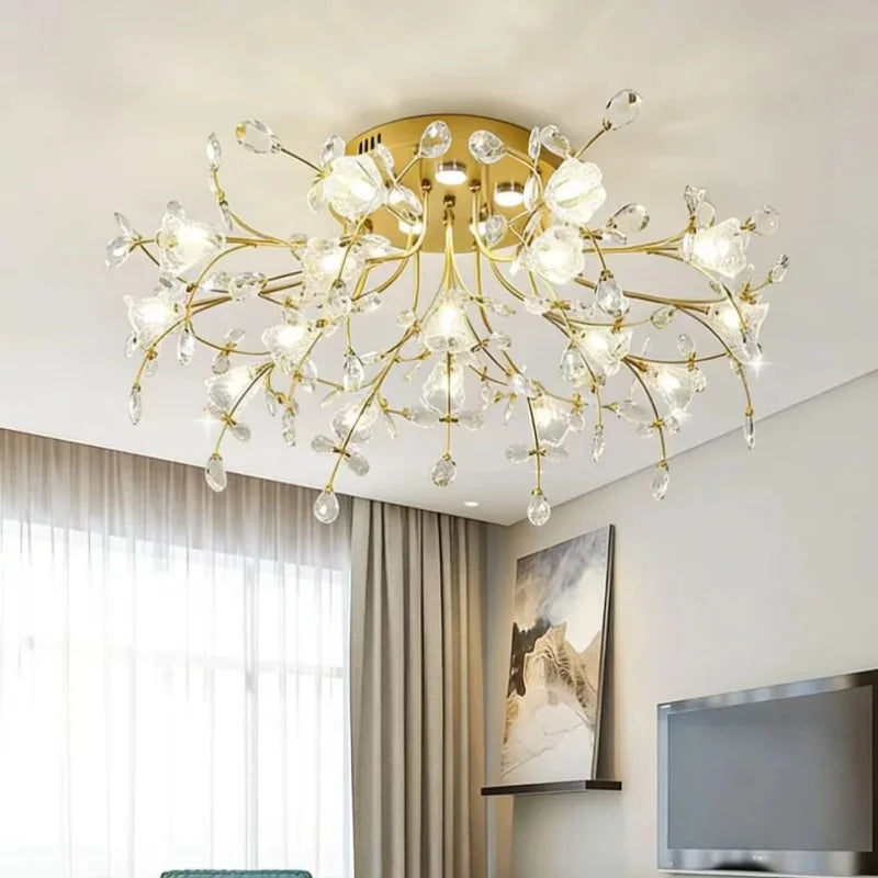 European K9 Crystal Ceiling Light – Gold, D55–90cm + Wall Lamp