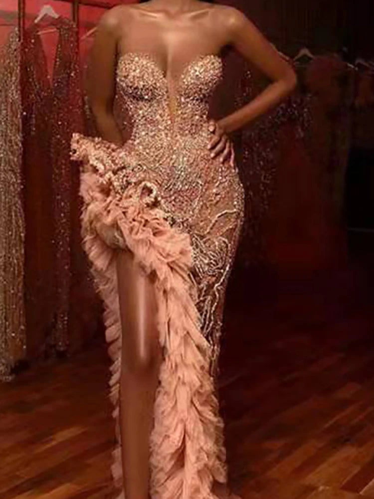 Off Shoulder High Waist Mesh Party Dress Elegant Sequined Women's Long Dress Sexy Strapless Slim Fit Irregular Dress Vestidos